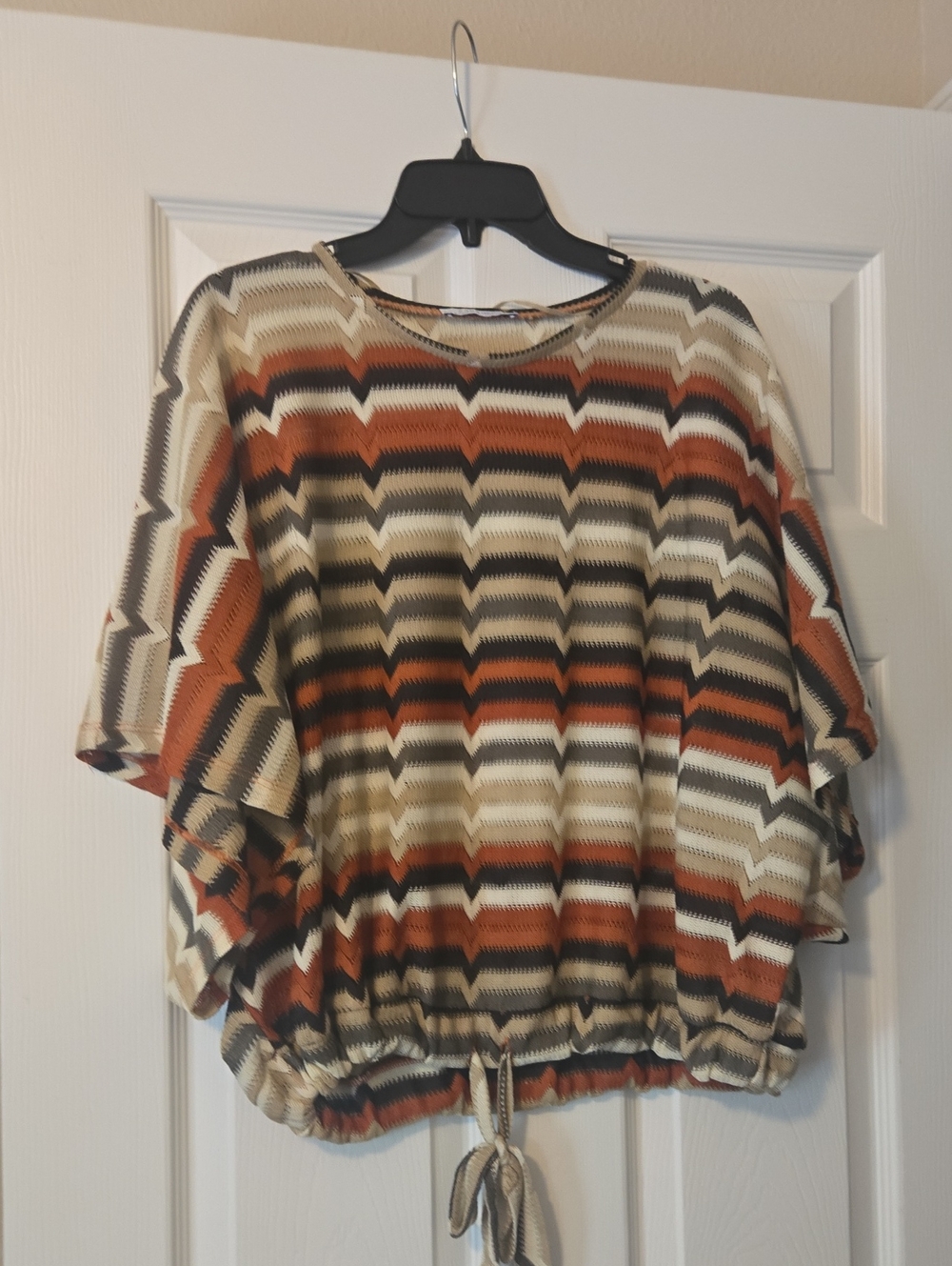 Zara Rust Cream Black Chevron Drawstring Blouse